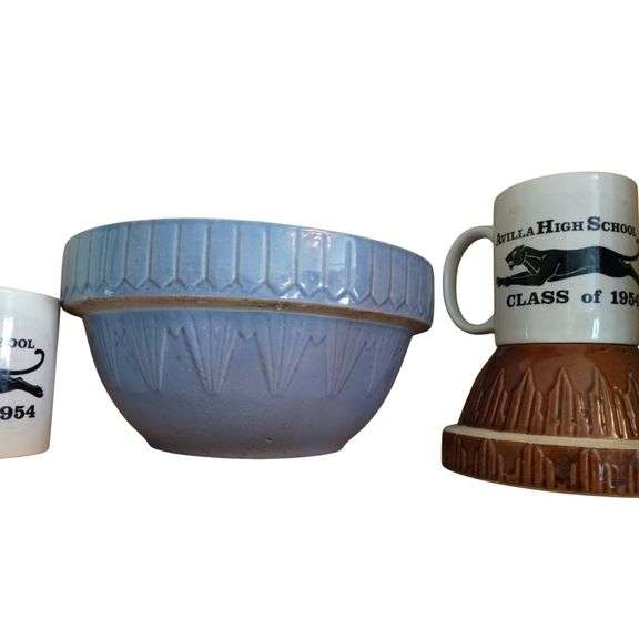 Pottery Mixing Bowls Blue Brown Glazed + Avilla HS 1950s Mugs