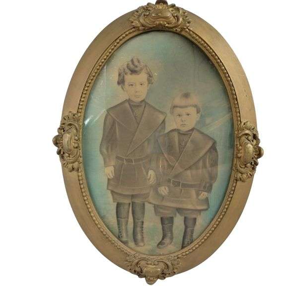 Antique Portrait of 2 Children Gold Tone Frame 22"