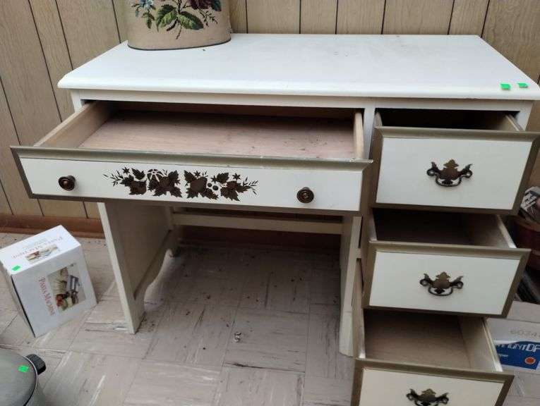French Provincial Desk Cream Gold Tone Painted + Metal Trash Can
