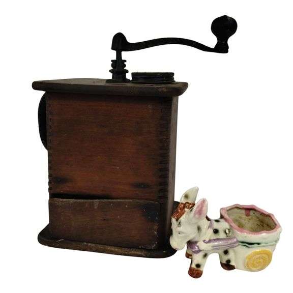Antique Coffee Mill & Porcelain Vintage Donkey Made in Japan