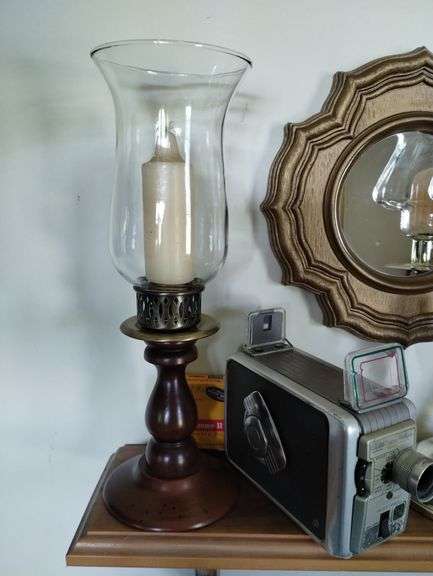 Vintage Kodak Brownie Camera + Wood Brass Candlesticks + Shelf