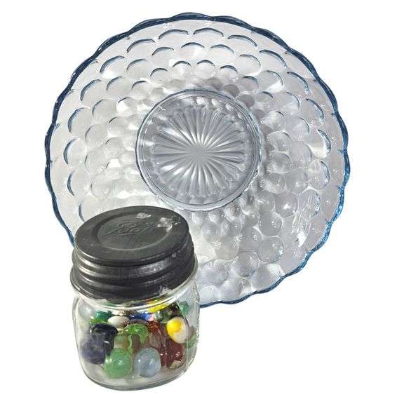Bright Blue Glass Bowl & Jar of Marbles Unsorted