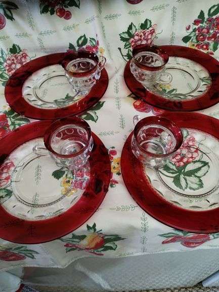 2 Vintage Snack Sets Glass Party Plates Cups Ruby Thumbprint Flash
