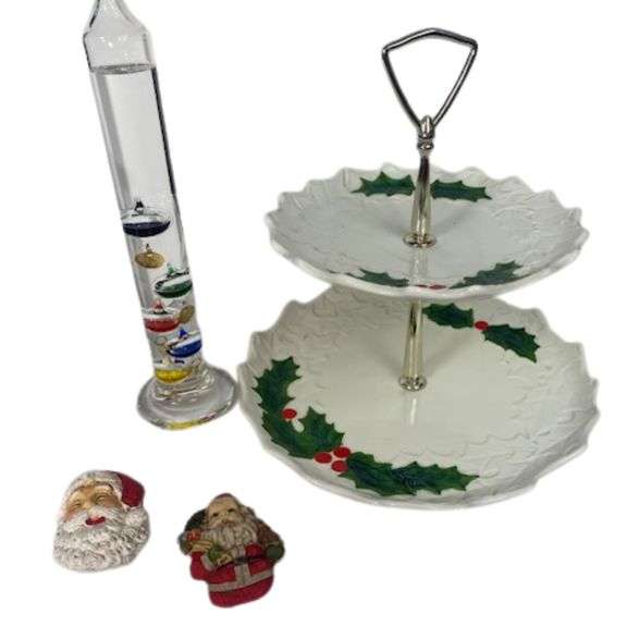 Vintage Lefton Christmas Tiered Serving Tray Santa Magnets + Galileo Thermometer