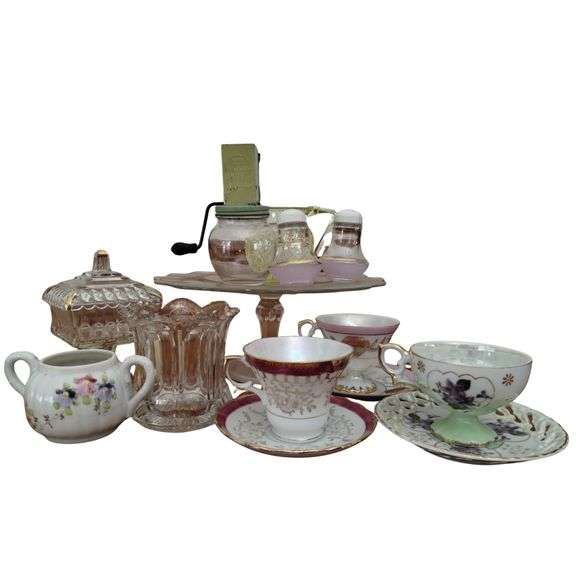 Pickers Lot Vintage Antique Glass China Tea Cups Spice Grinder