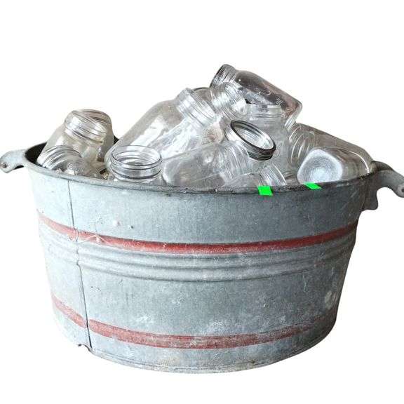 Large Galvanized Metal Tub Wood Handle Red Striped Clear Canning Jars
