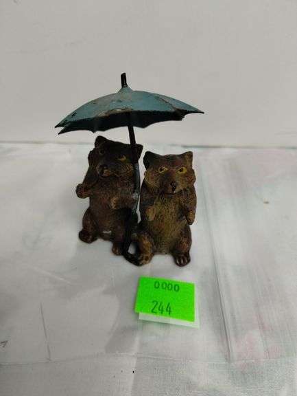 Antique Heyde's German Miniature Statue Figure Bears & Umbrella Metal Lead