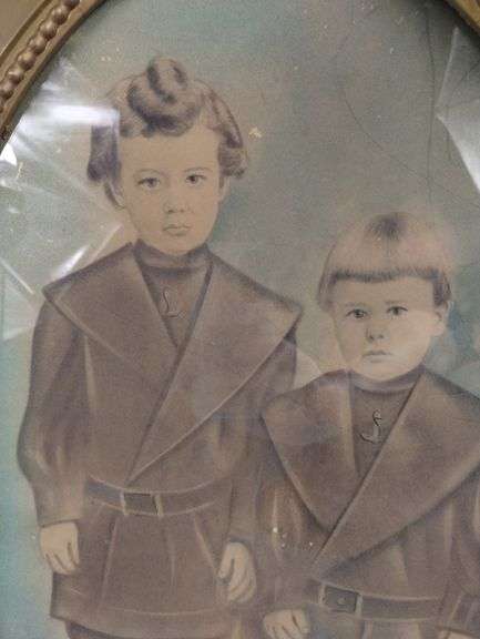 Antique Portrait of 2 Children Gold Tone Frame 22"