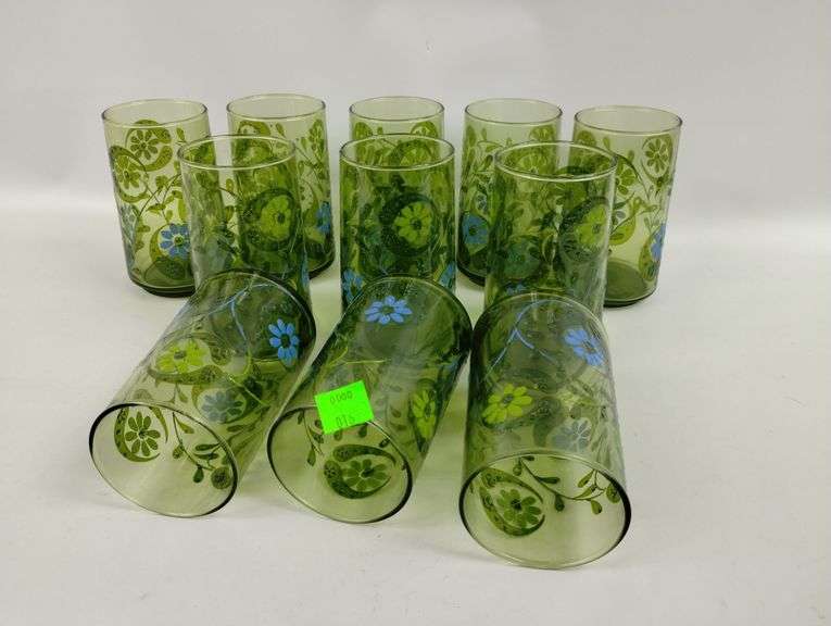 MCM Vintage Glasses 11 CT Avocado Green Blue Floral