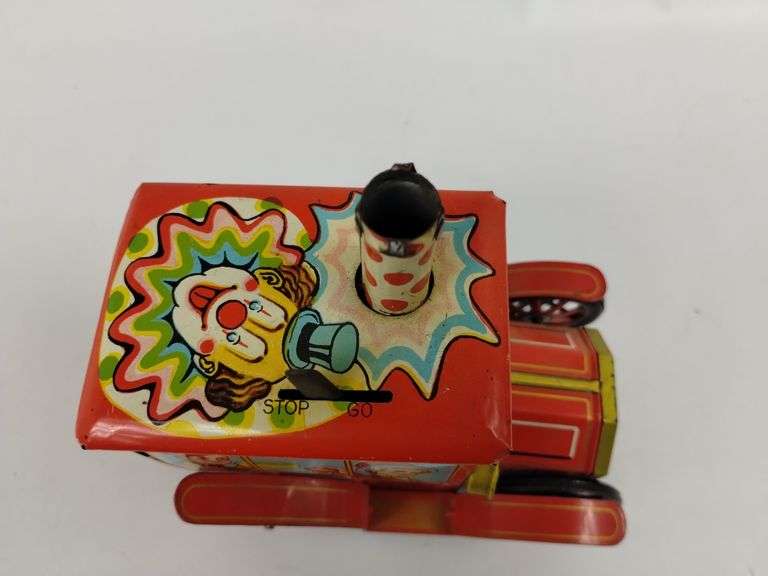 1950s Tin Litho Circus Clown Car Merry Ball Blower Toy Runs