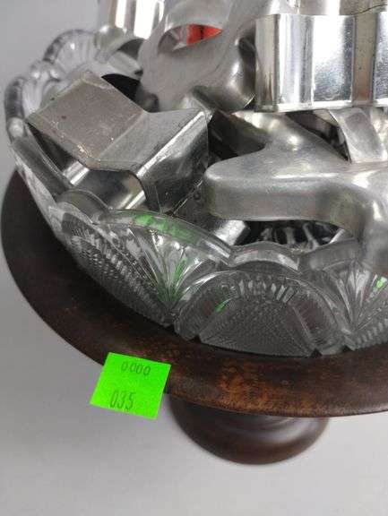 LOT Antique Wooden Pedestal & Glass Dish Metal Cookie Cutters