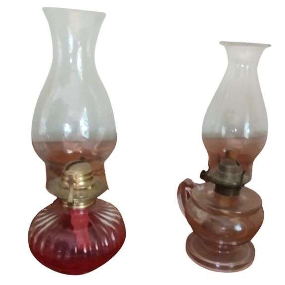 2 Vintage Antique Glass Oil Lamps Footed Finger Lamp