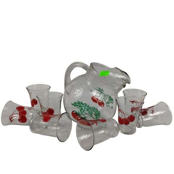 MCM Clear Glass Pitcher W/Cherries & 8 Juice Glasses
