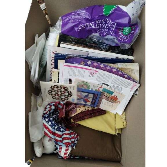 LOT Medium Box Quilting Supplies Crafting Books Polyfill Fabric