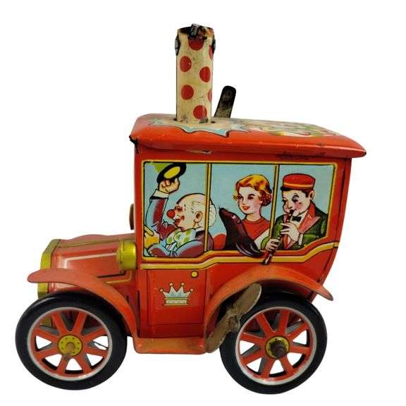 1950s Tin Litho Circus Clown Car Merry Ball Blower Toy Runs