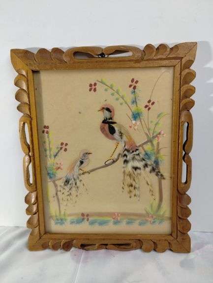 Antique Framed FeatherCraft Birds Round Print The Gleaners