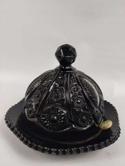 Vintage Tiara Glass Black Covered Dish & Candlestick Holders