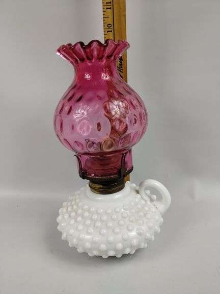 Antique Ruby Glass Milk Hobnail Oil Lamp Fenton? Thumbprint