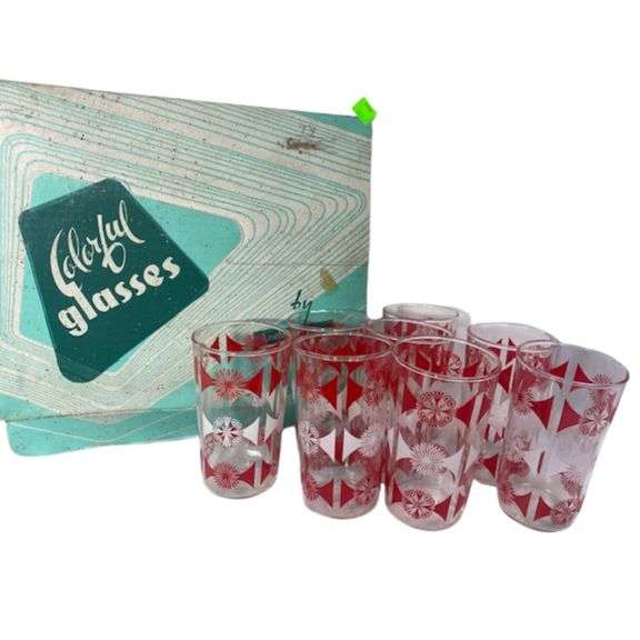 Vintage Anchor Hocking Red MCM Bar Glasses Set of 8 IOB