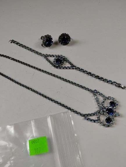 Vintage Costume Jewelry Sapphire Rhinestone Necklace Bracelet Earrings