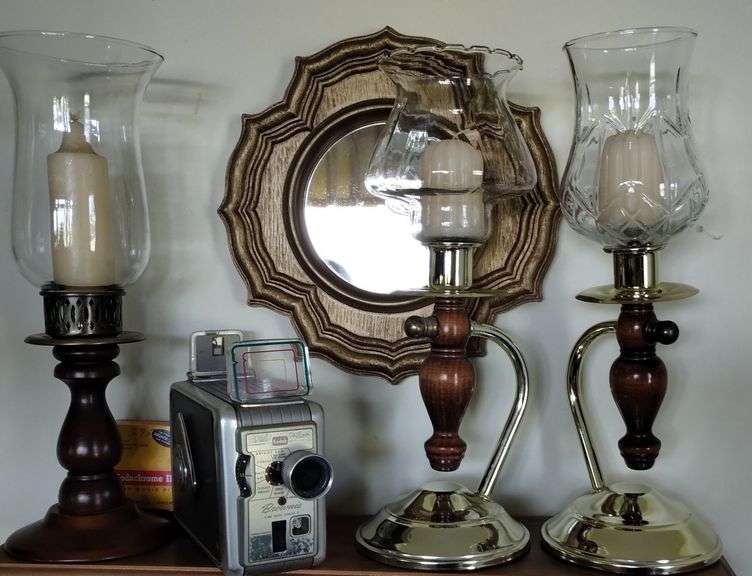 Vintage Kodak Brownie Camera + Wood Brass Candlesticks + Shelf
