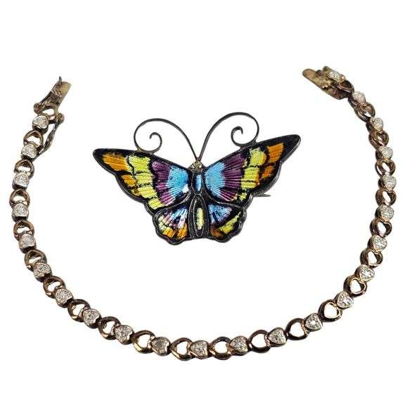 Vintage Sterling Butterfly Pin Gem Bracelet .925 Silver