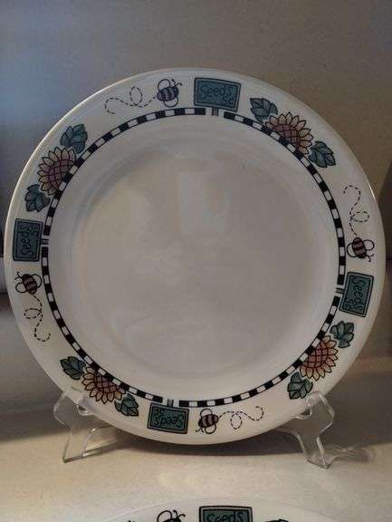 LOT of Corelle Sunflower Dishes & Metal Hen Egg Basket