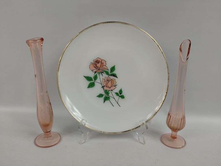 Vintage Fire King Rose Plate + 2 Pink Bud Vases