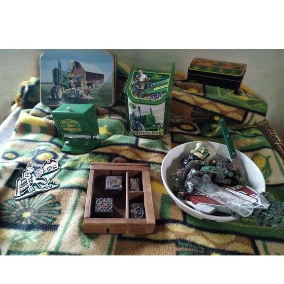 John Deere Decor LOT Tractors Tins Throw Blanket Toothpick Dispenser