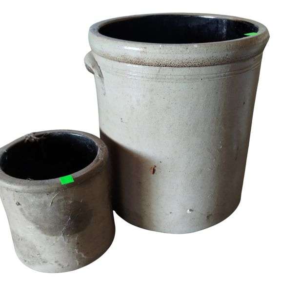LOT Two Antique Salt Glaze Crocks Stoneware Colbalt 5 Marking