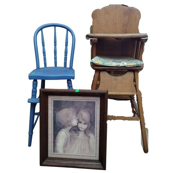 LOT Wooden Vintage Highchair Blue Chair Margaret Keane Picture
