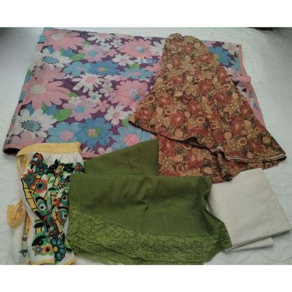 Lot Mid Century Flowers Avocado Green Pink Bedspread +