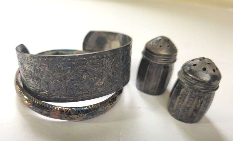 Sterling Hinge Bracelet & Salt Peppers + Unmarked Engraved Cuff