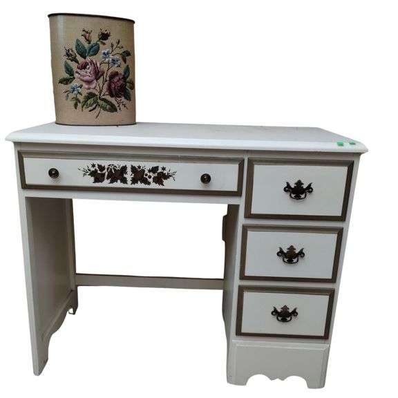French Provincial Desk Cream Gold Tone Painted + Metal Trash Can