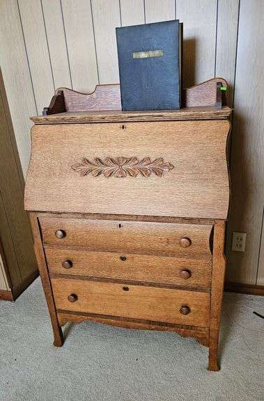 Antique Oak Secretary Cabinet Hidden File Storage + Bible