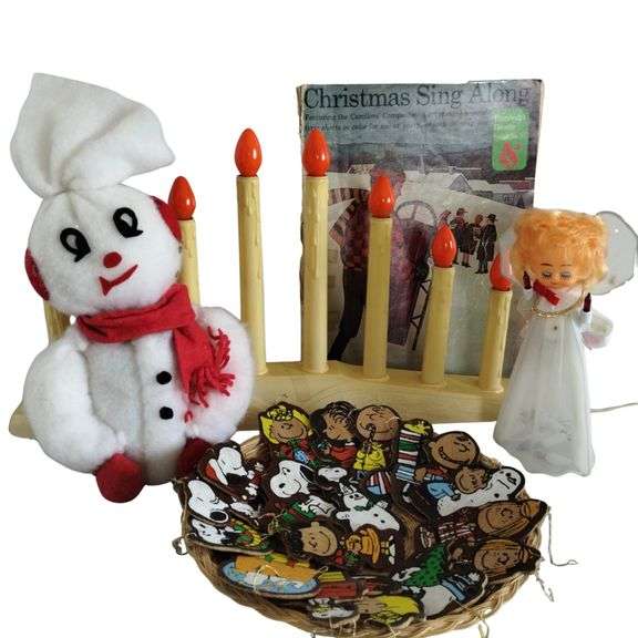 Vintage Christmas Decor Candalabra Snowman Peanuts Snoopy Ornaments