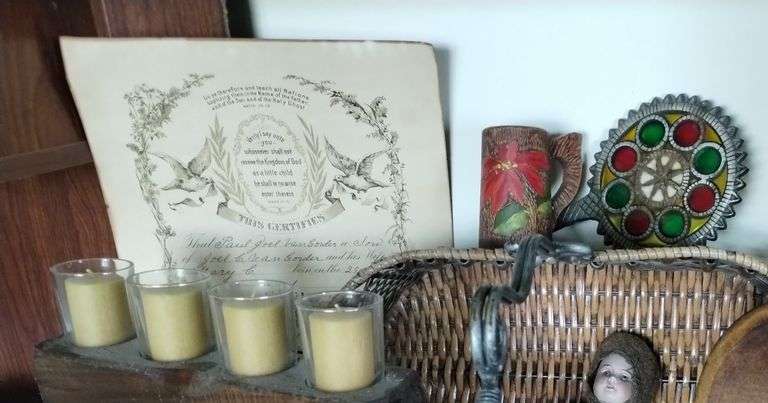Antique Doll Wooden Blocks Basket Certificate