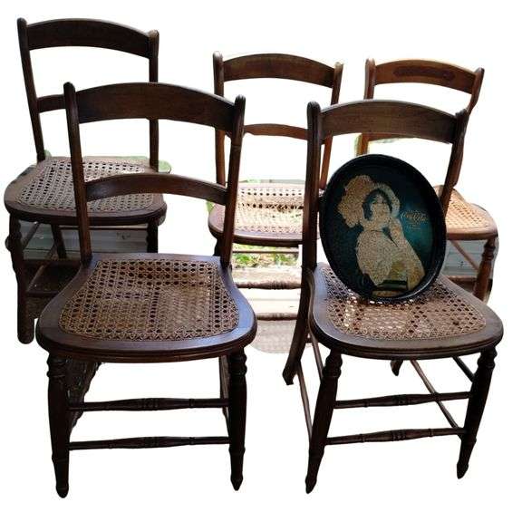 5 Antique Cane Seat Chairs + Coca Cola Coke Tray
