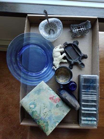 Ladies Vintage Lot Fenton Hat Metal Wagon Blue Plate Elephant+