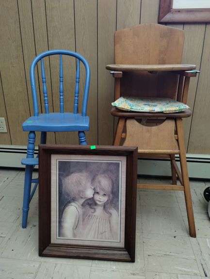 LOT Wooden Vintage Highchair Blue Chair Margaret Keane Picture