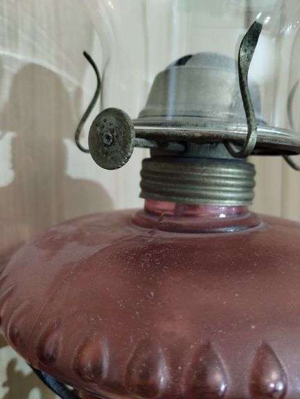 Antique Pink Glass Oil Lamp Cast Iron Wall Bracket Swing Arm Holder