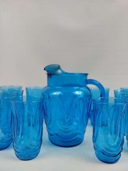 Anchor Hocking Blue Glasses Pitcher Tumblers MCM Set