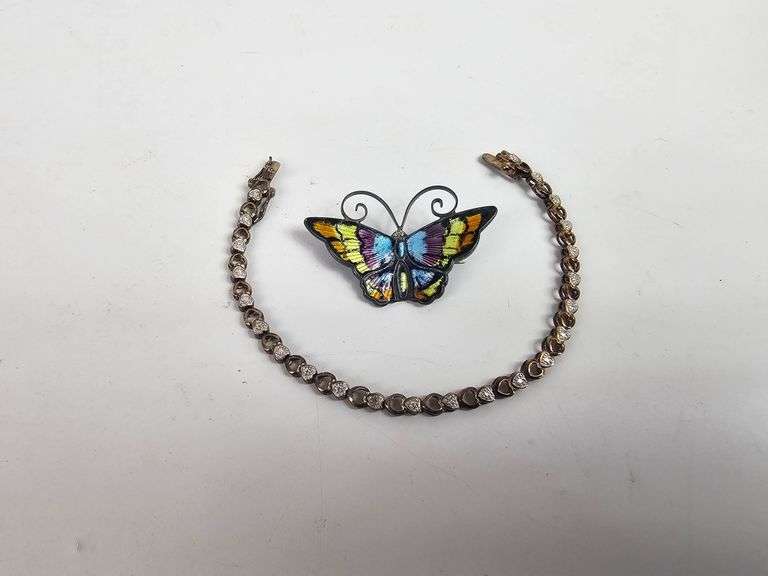 Vintage Sterling Butterfly Pin Gem Bracelet .925 Silver