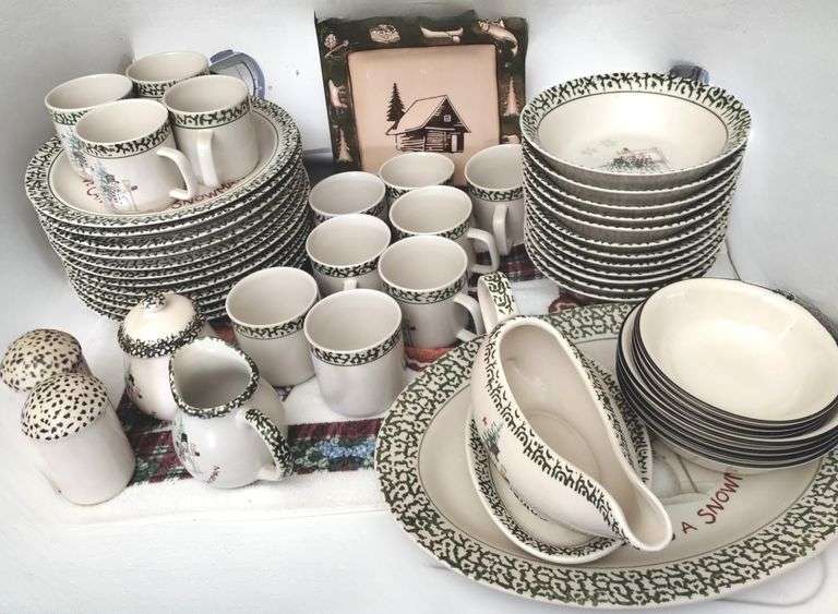 Vintage Christmas Snowman Stoneware Dish Set & Corelle Bowls