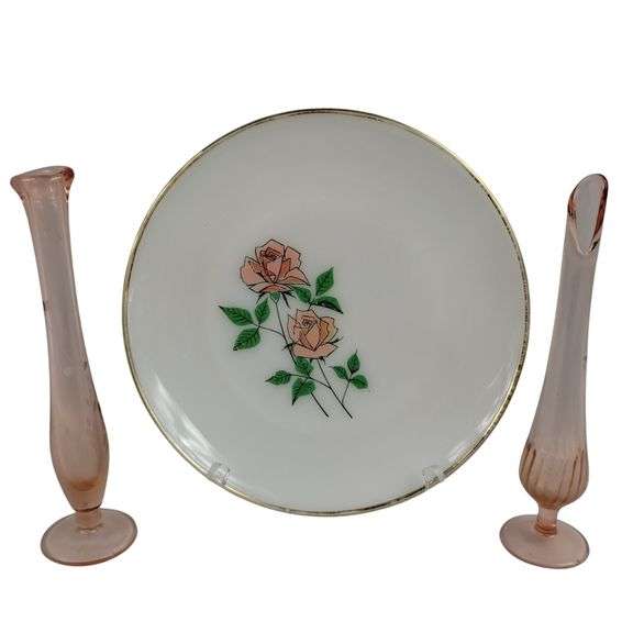 Vintage Fire King Rose Plate + 2 Pink Bud Vases