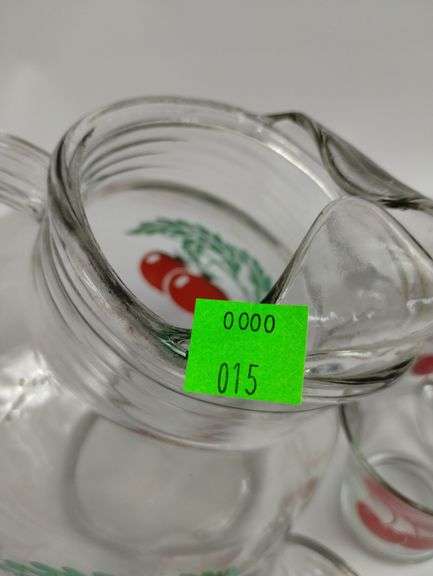MCM Clear Glass Pitcher W/Cherries & 8 Juice Glasses
