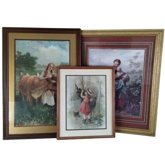 Beautiful Framed Wall Art Prints Milk Maid Shepherd Donkey Country Girls