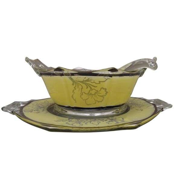 Antique Vintage EAPG Octagon Gray Jelly Bowl Saucer Ladle Yellow Floral