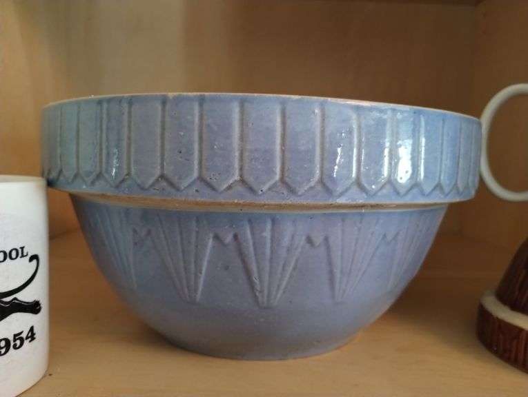 Pottery Mixing Bowls Blue Brown Glazed + Avilla HS 1950s Mugs