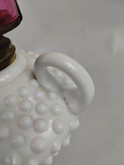 Antique Ruby Glass Milk Hobnail Oil Lamp Fenton? Thumbprint